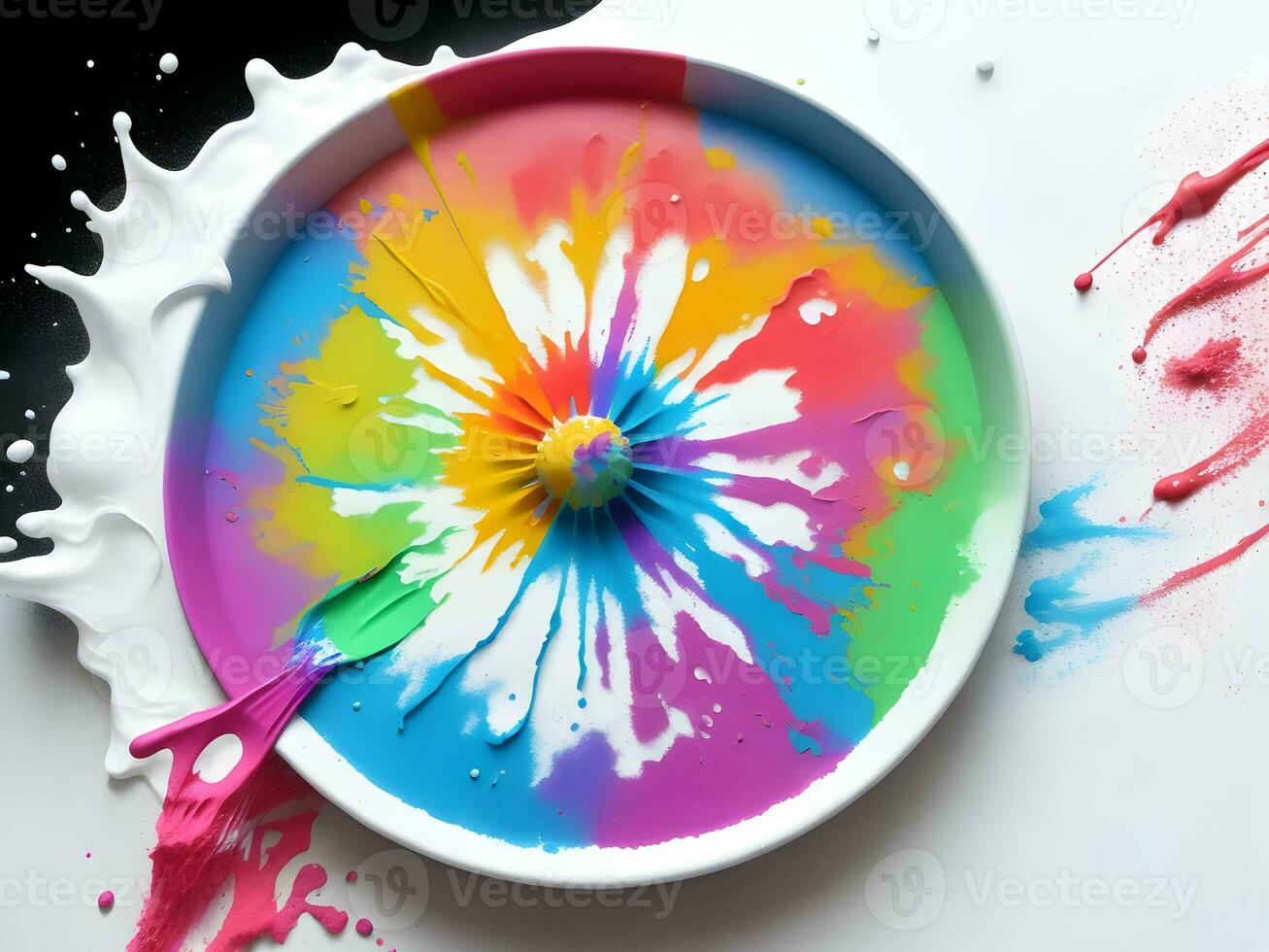 Splashing colorful powder on a frame on white background, AI generation. photo