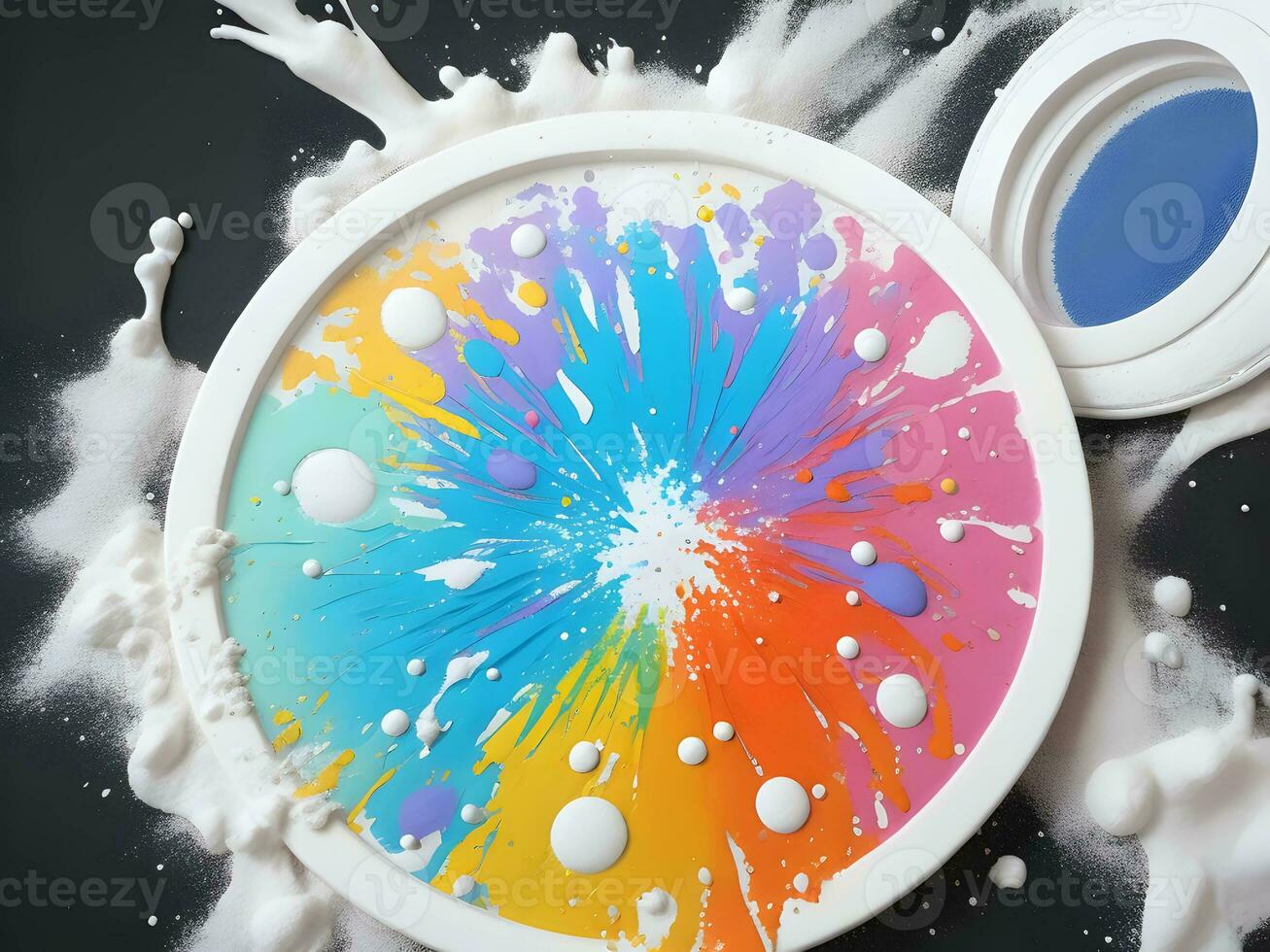 Splashing colorful powder on a frame on white background, AI generation. photo