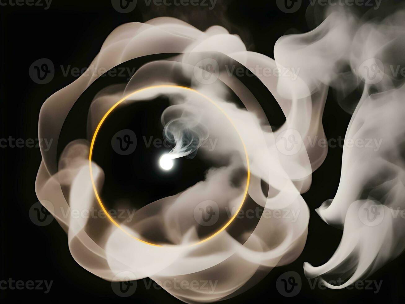 A white circle of smoke on the black background, AI generation. photo