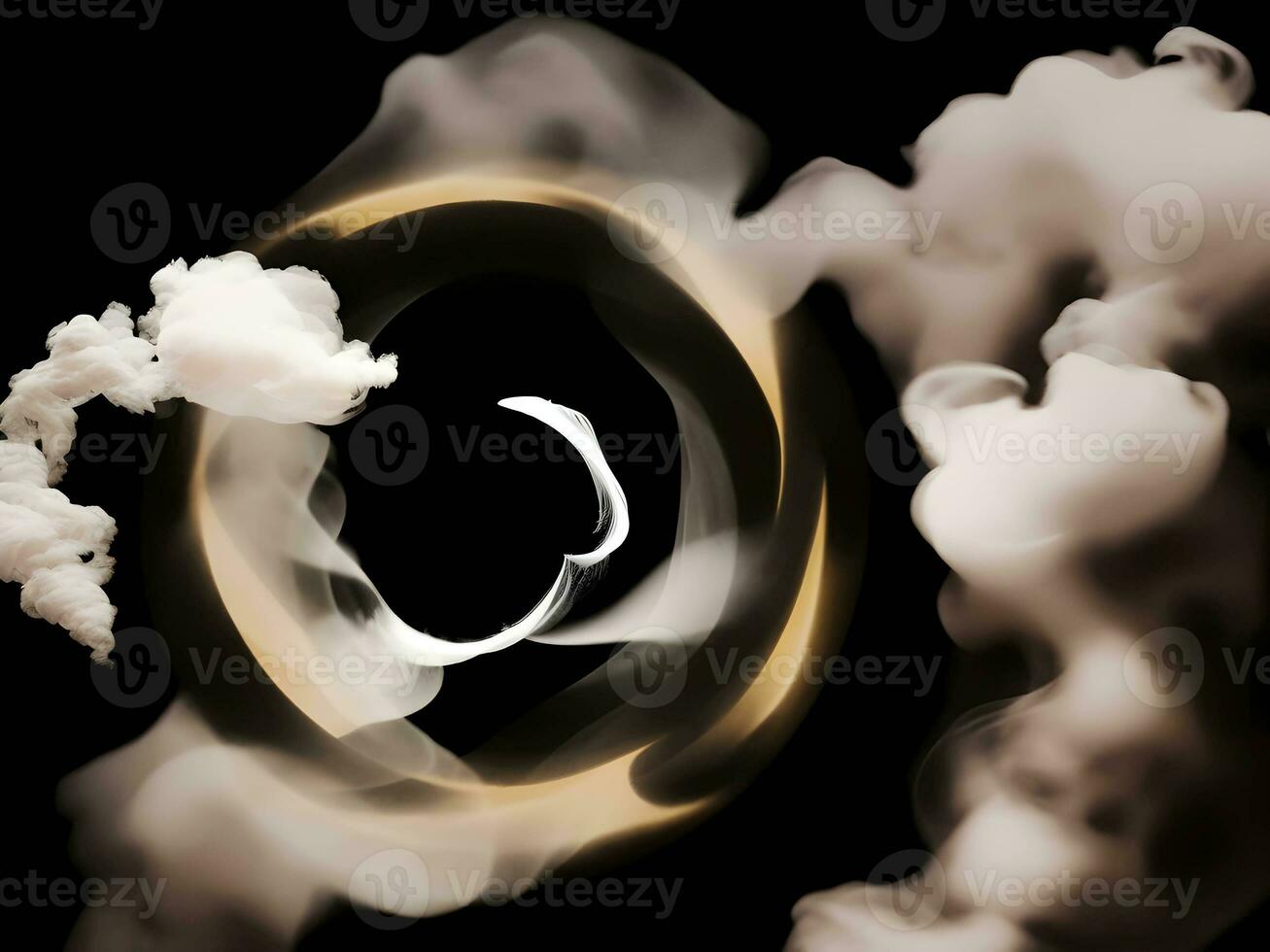 A white circle of smoke on the black background, AI generation. photo
