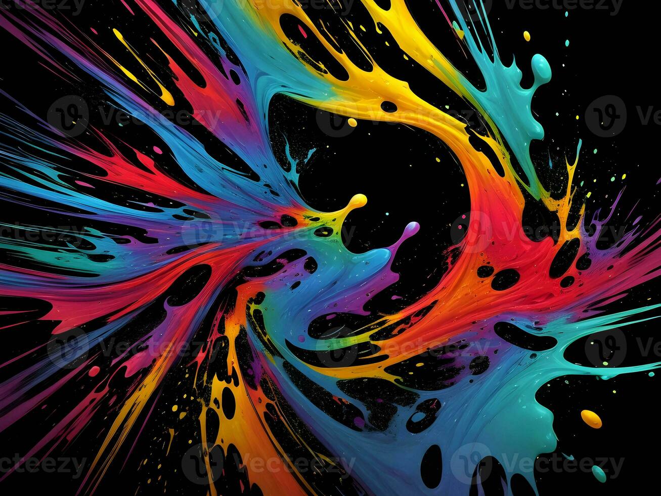 3d Liquid abstract colorful texture on black background, AI generation. photo