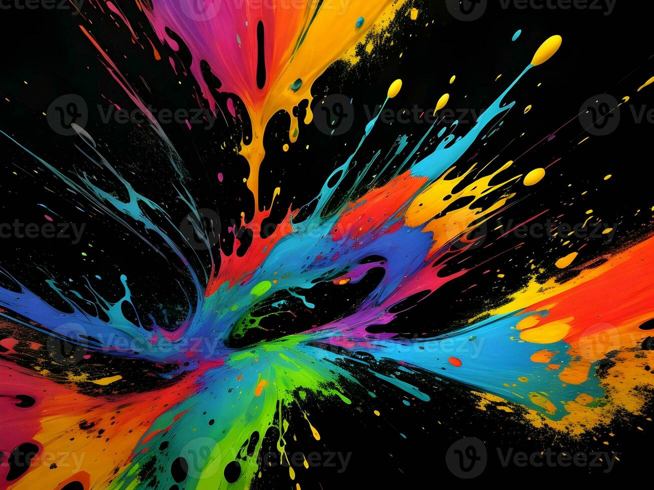3d Liquid abstract colorful texture on black background, AI generation. photo