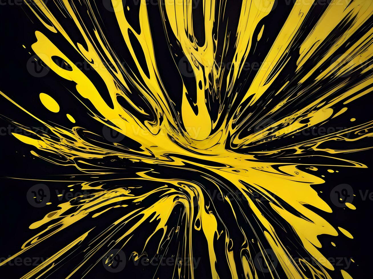 3d Liquid abstract yellow texture on black background, AI generation. photo