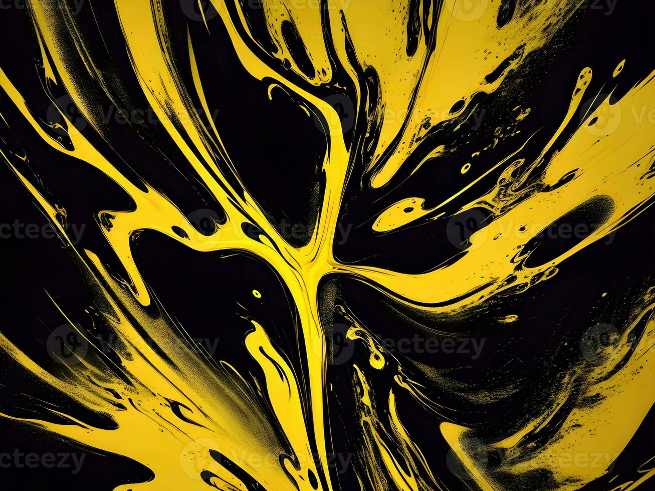 3d Liquid abstract yellow texture on black background, AI generation. photo