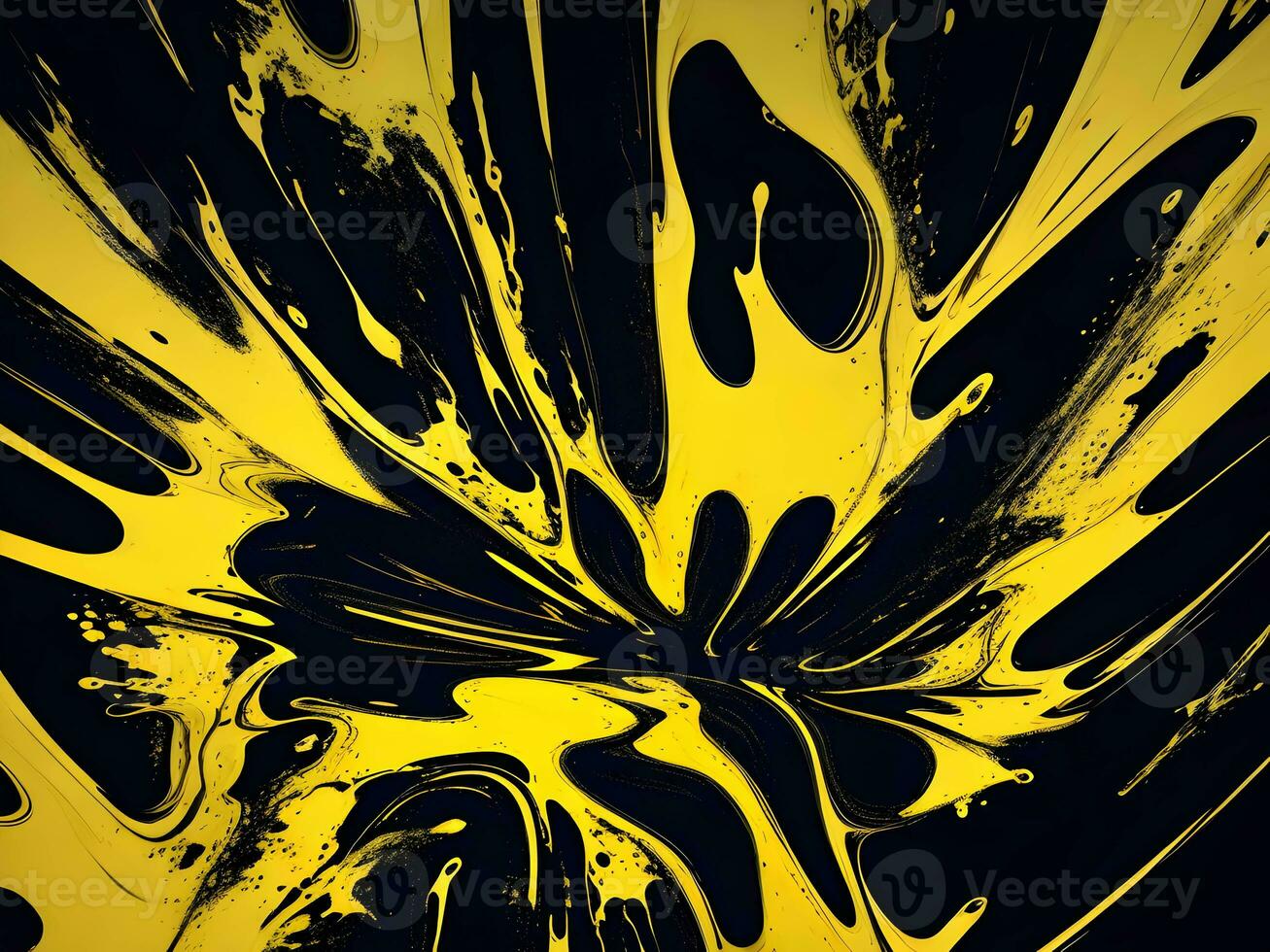 3d Liquid abstract yellow texture on black background, AI generation. photo