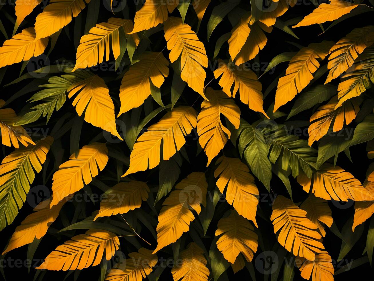 tropical yellow and orange color leaves in black background, AI generation. photo