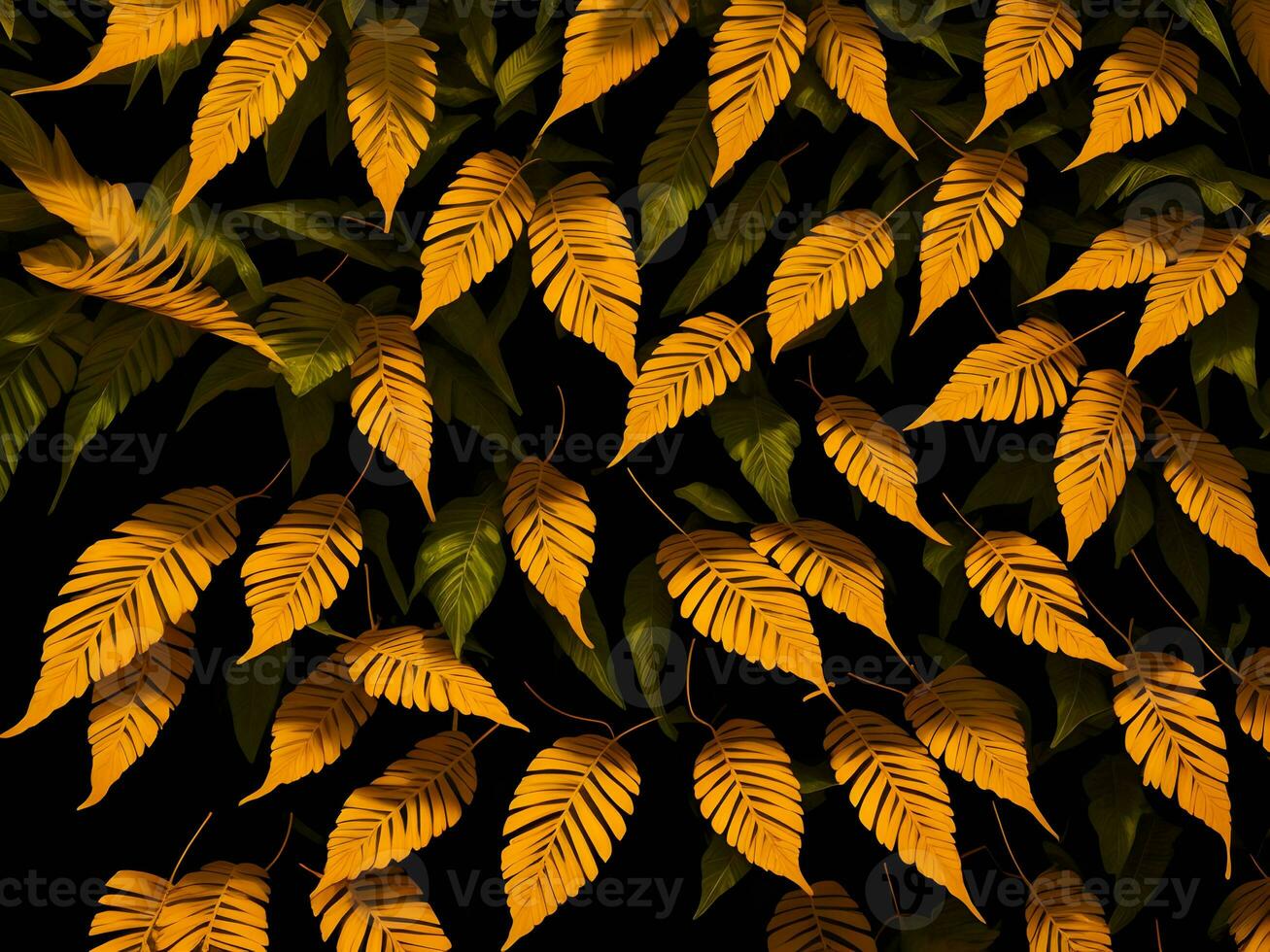 tropical yellow and orange color leaves in black background, AI generation. photo