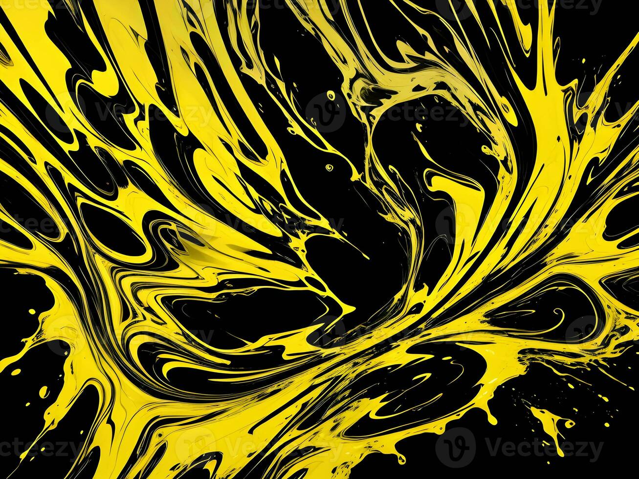 3d Liquid abstract yellow texture on black background, AI generation. photo