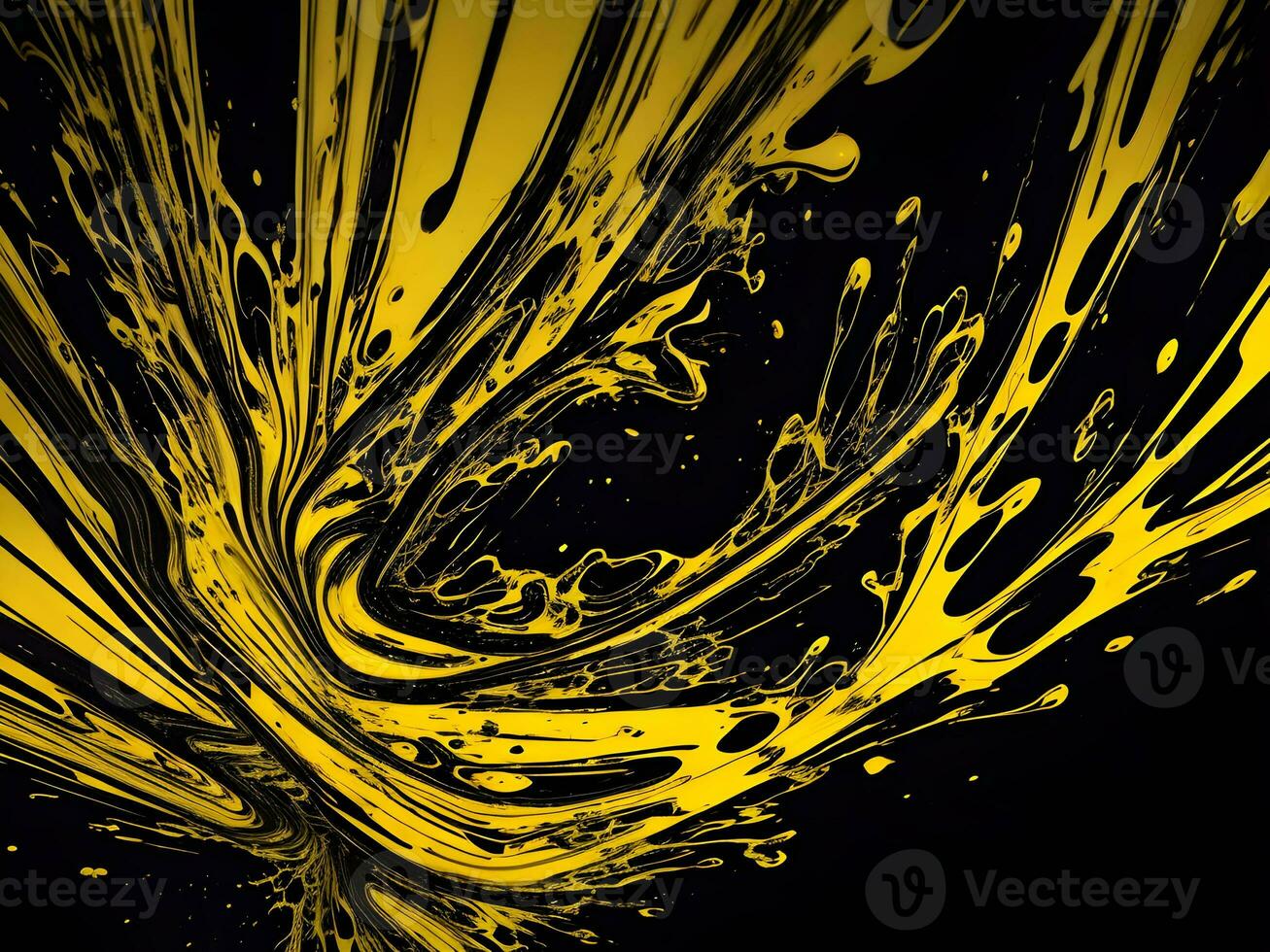 3d Liquid abstract yellow texture on black background, AI generation. photo