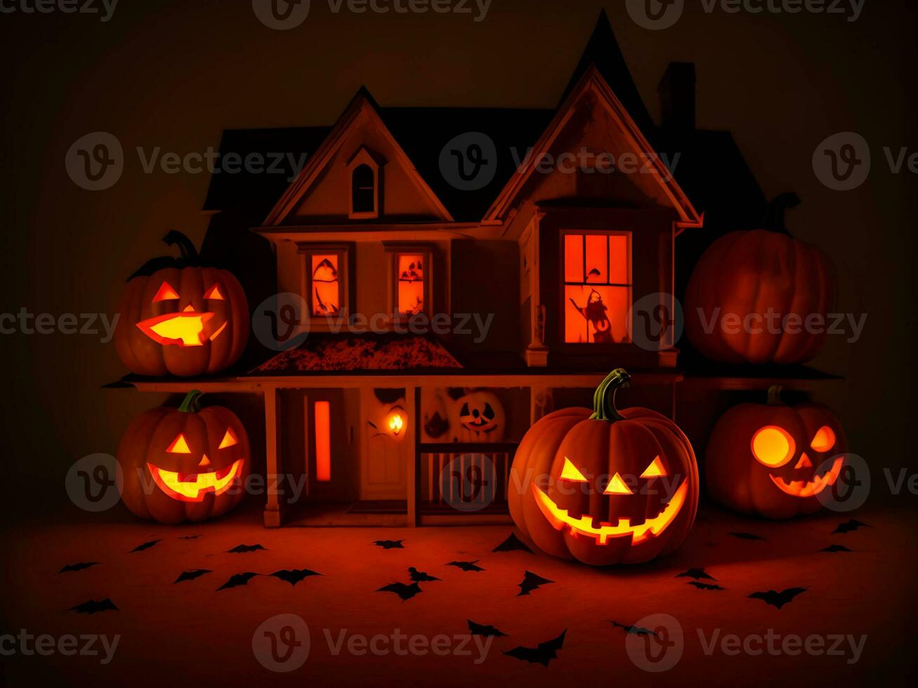 A Halloween pumpkin horror black theme for a happy Halloween celebration, AI generation. photo