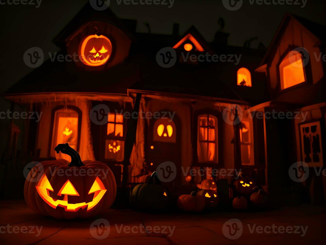 A Halloween pumpkin horror black theme for a happy Halloween celebration, AI generation. photo