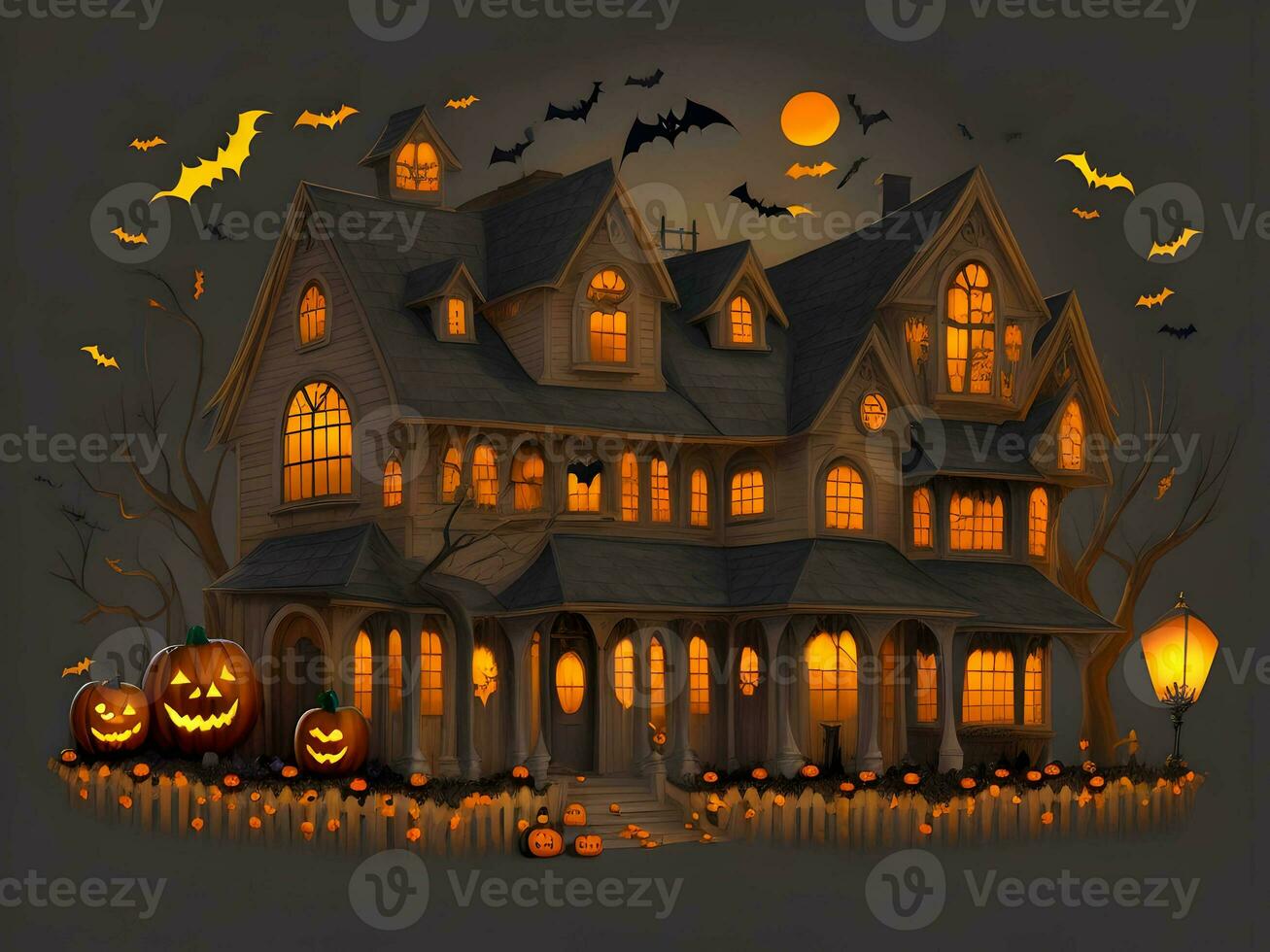 A Halloween horror lighting house for the Halloween festival. Generative ai. photo