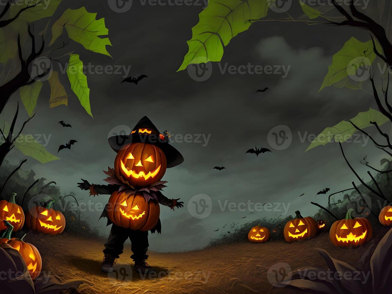 a Halloween pumpkin with a horror boy in a black jungle. . photo