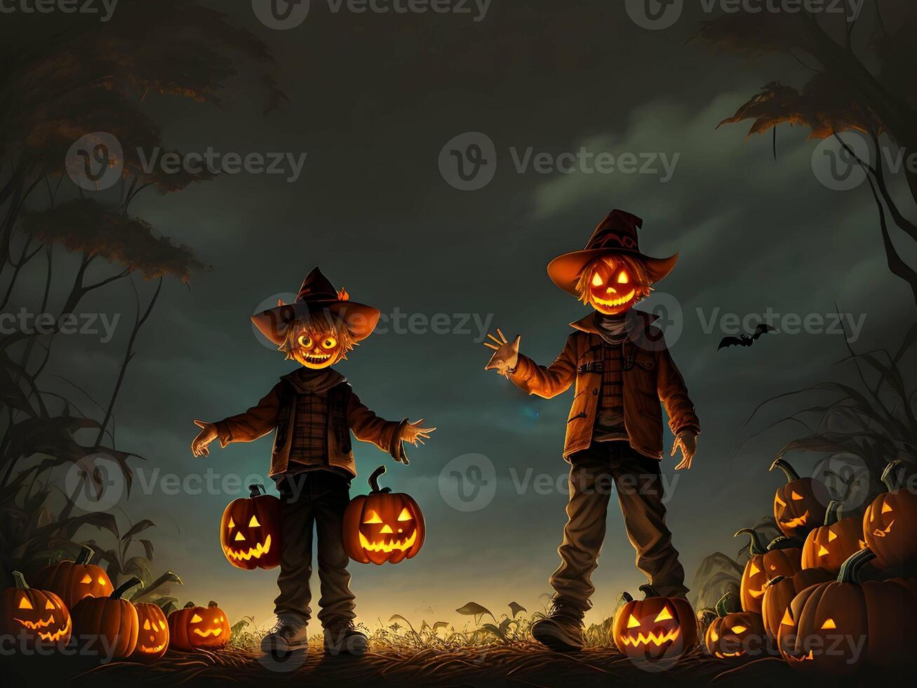 a Halloween pumpkin with a horror boy in a black jungle. . photo