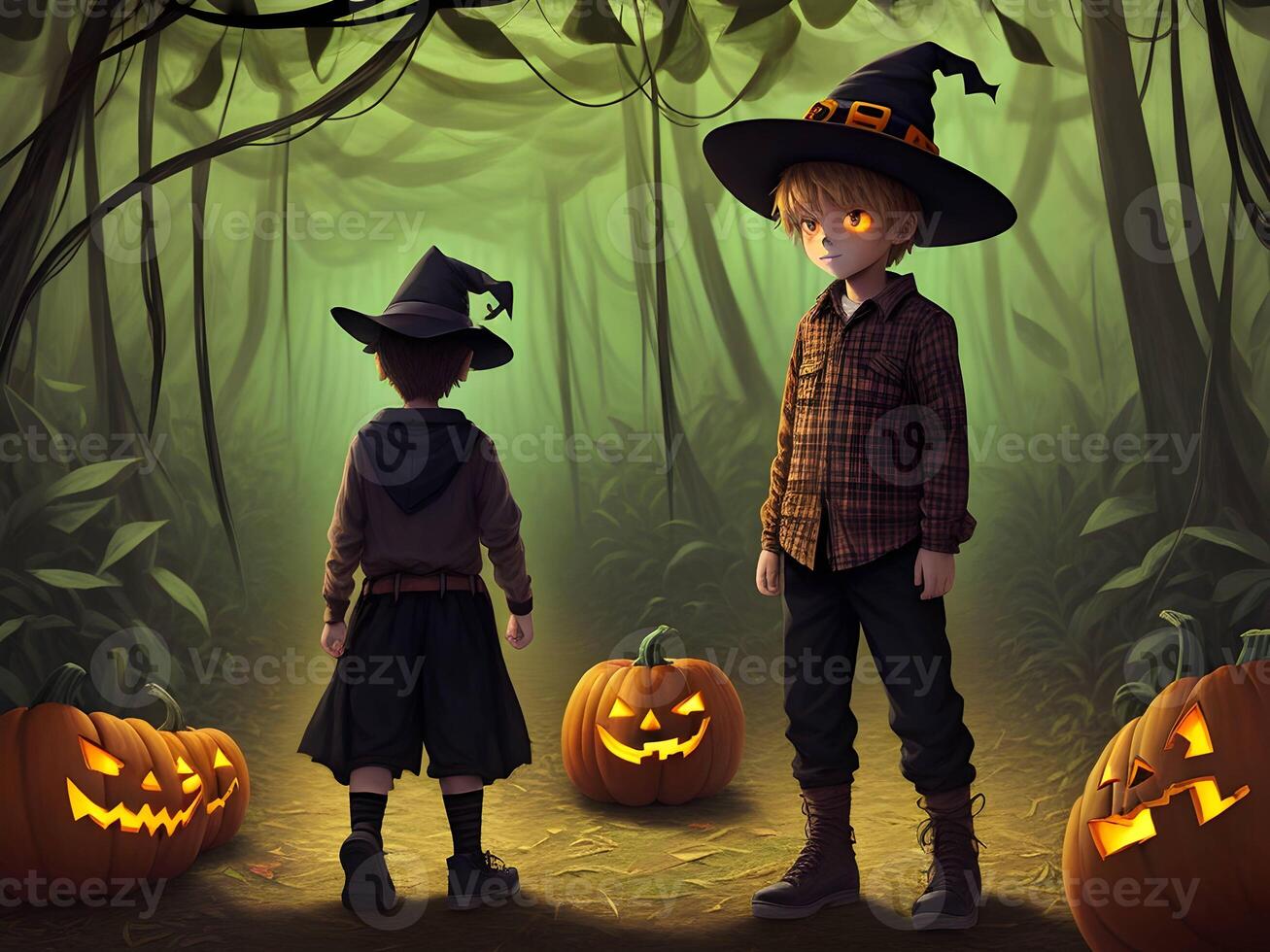 a Halloween pumpkin with a horror boy in a black jungle. . photo