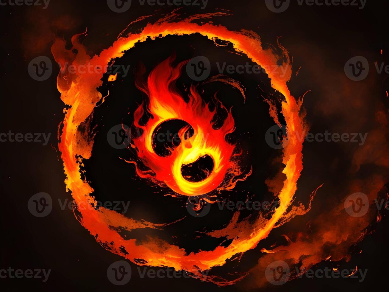 abstract fire and water fiery circle on a black background. Generative ai. photo