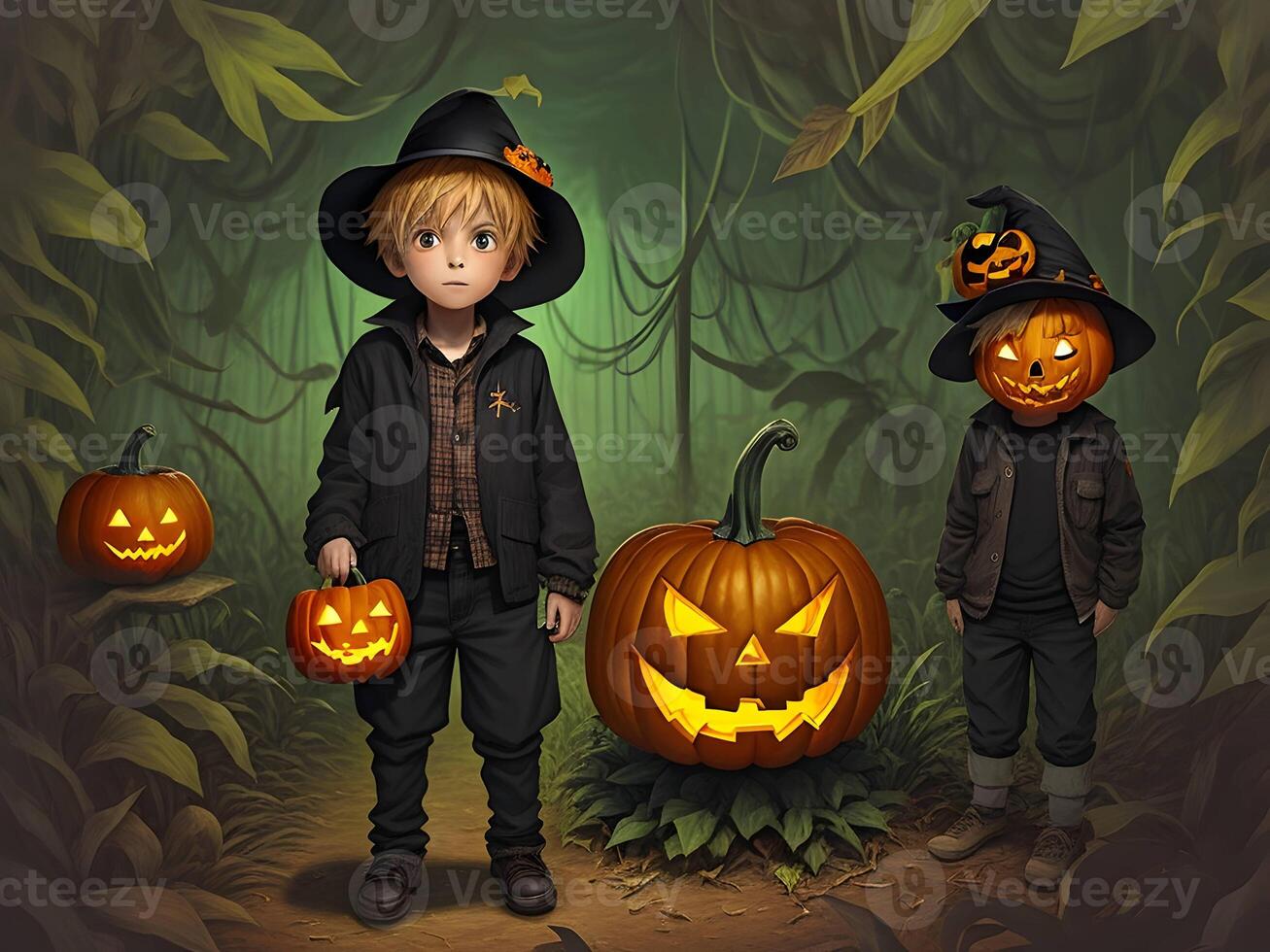 a Halloween pumpkin with a horror boy in a black jungle. . photo