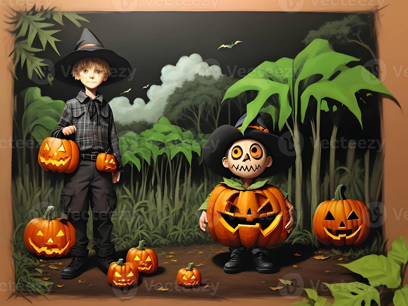 a Halloween pumpkin with a horror boy in a black jungle. . photo