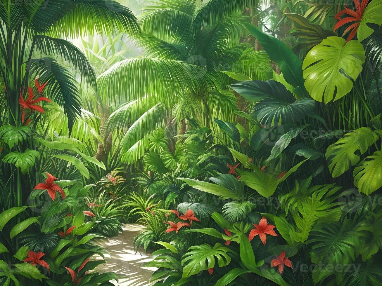 Jungle on a sunny day Beautiful tropical forest with plants flowers palm trees. Generative ai. photo