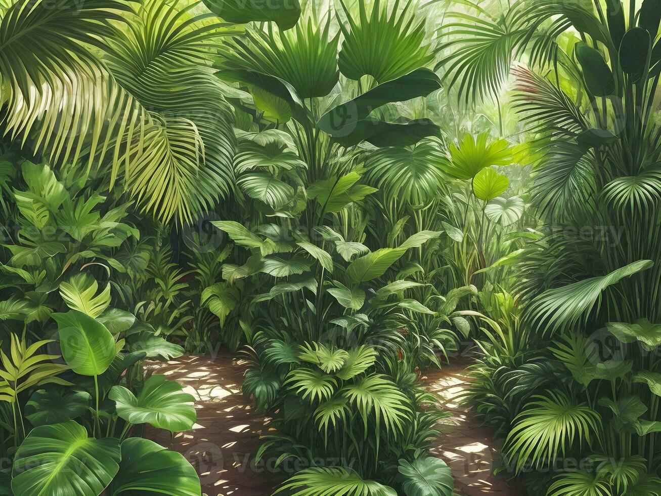 selva en un soleado día hermosa tropical bosque con plantas flores palma arboles generativo ai. foto