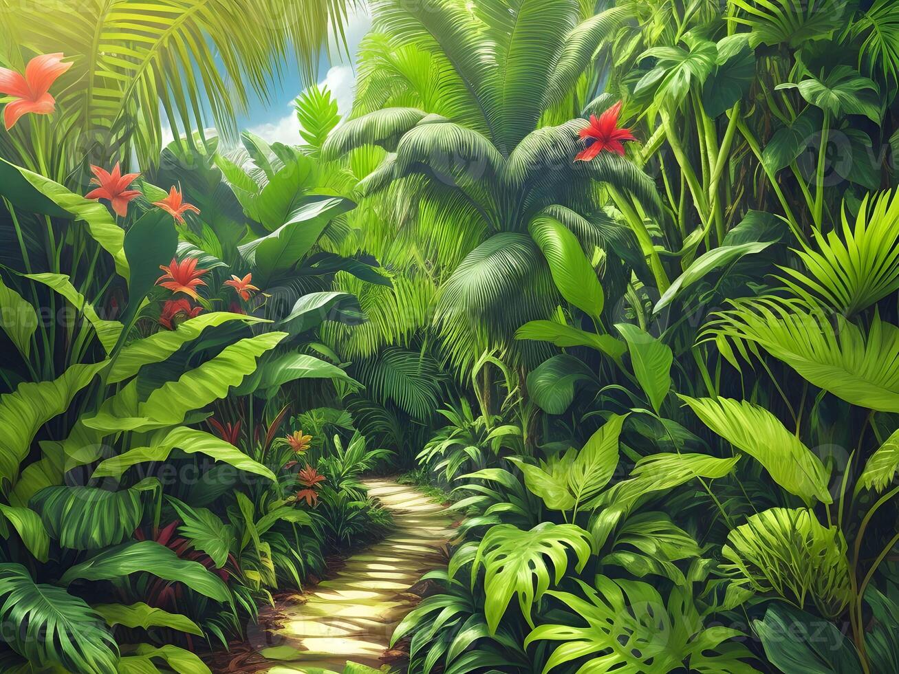Jungle on a sunny day Beautiful tropical forest with plants flowers palm trees. . photo