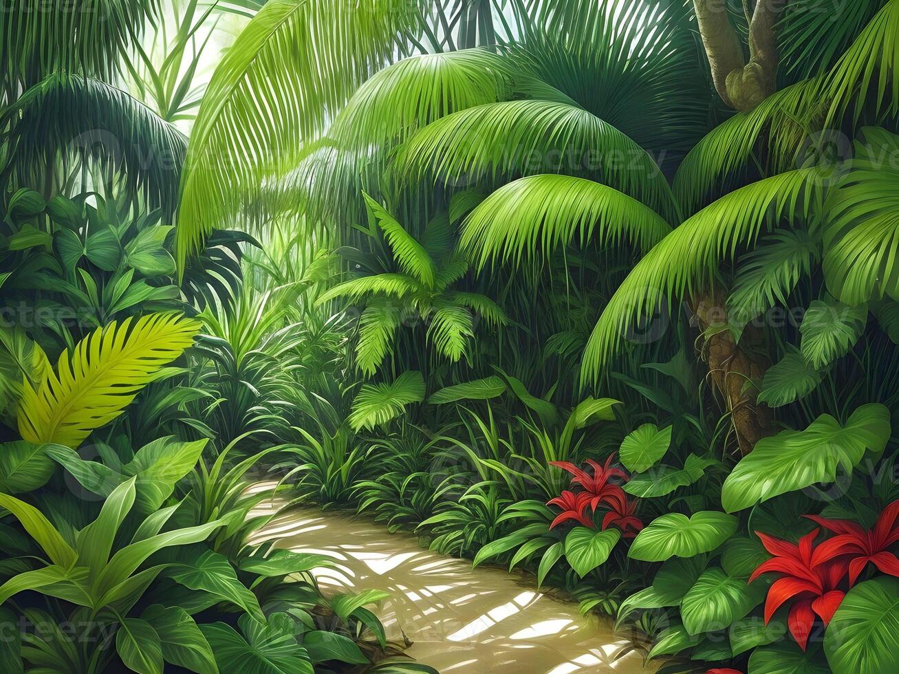 Jungle on a sunny day Beautiful tropical forest with plants flowers palm trees. . photo
