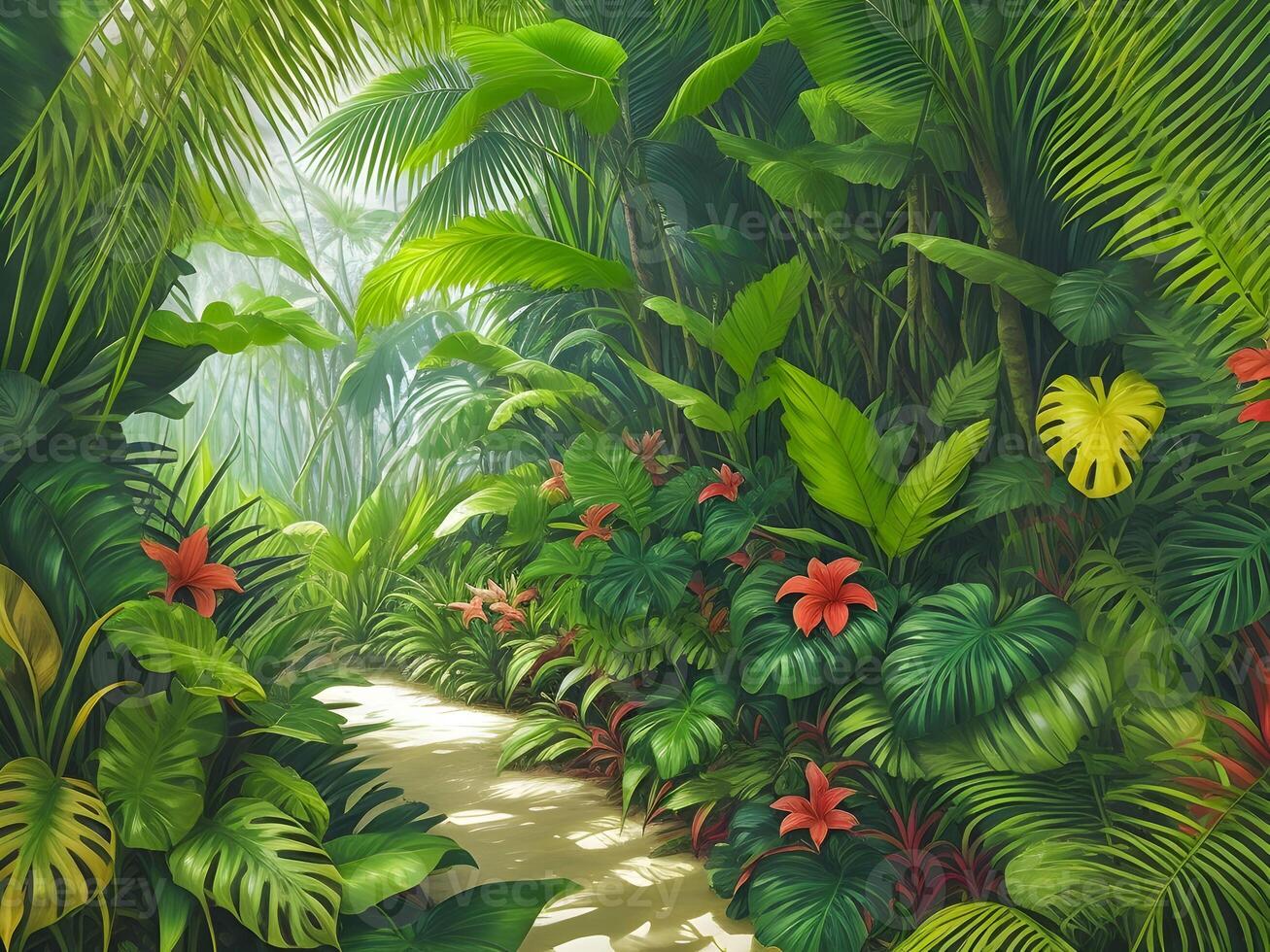 Jungle on a sunny day Beautiful tropical forest with plants flowers palm trees. . photo