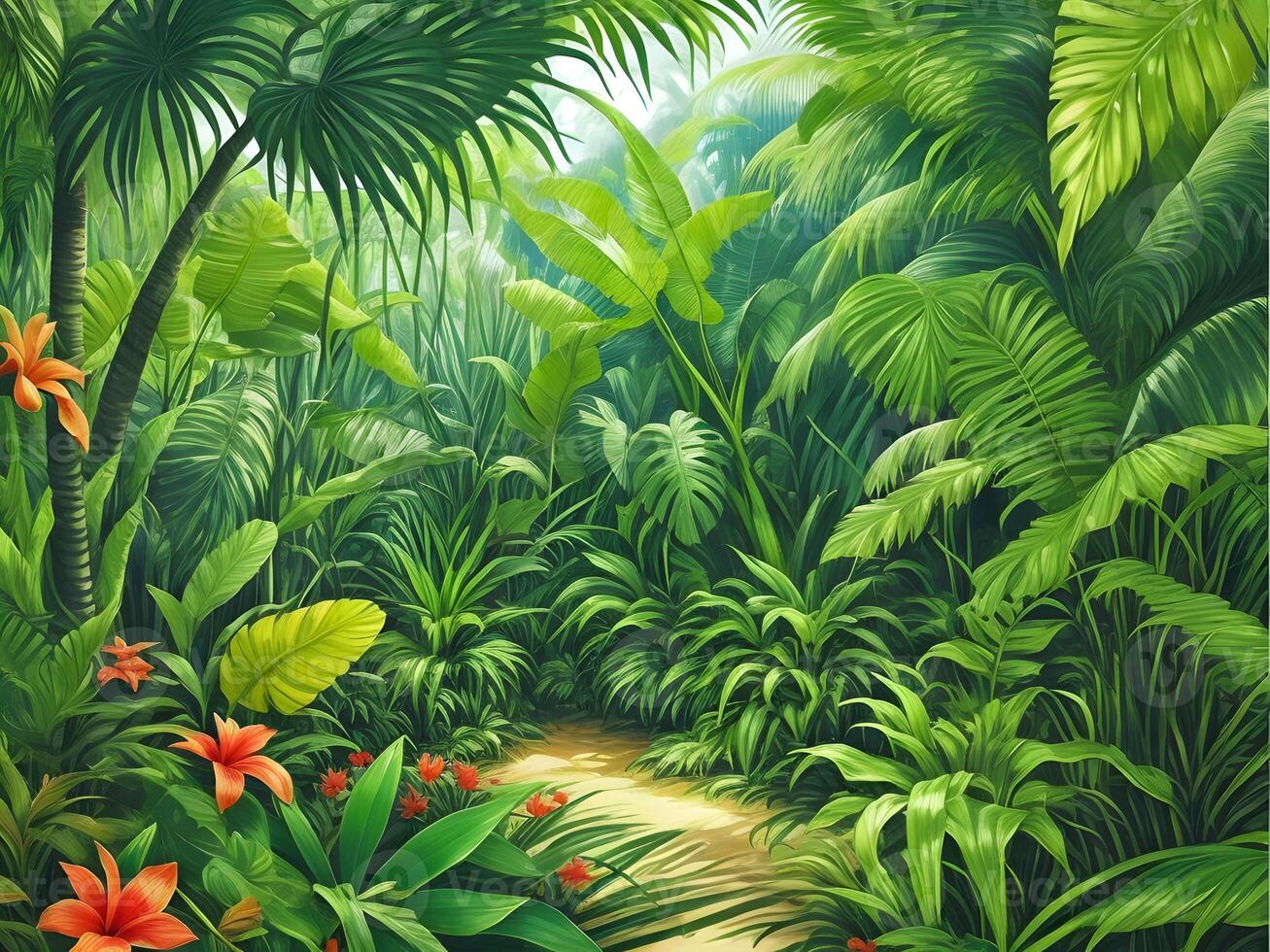 Jungle on a sunny day Beautiful tropical forest with plants flowers palm trees. Generative ai. photo