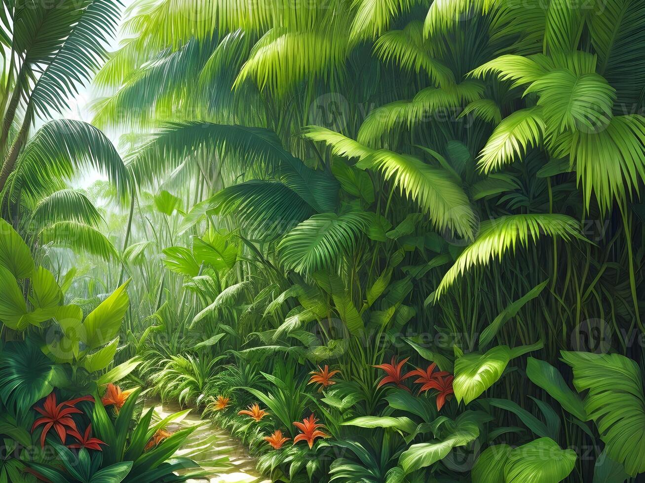 Jungle on a sunny day Beautiful tropical forest with plants flowers palm trees. . photo