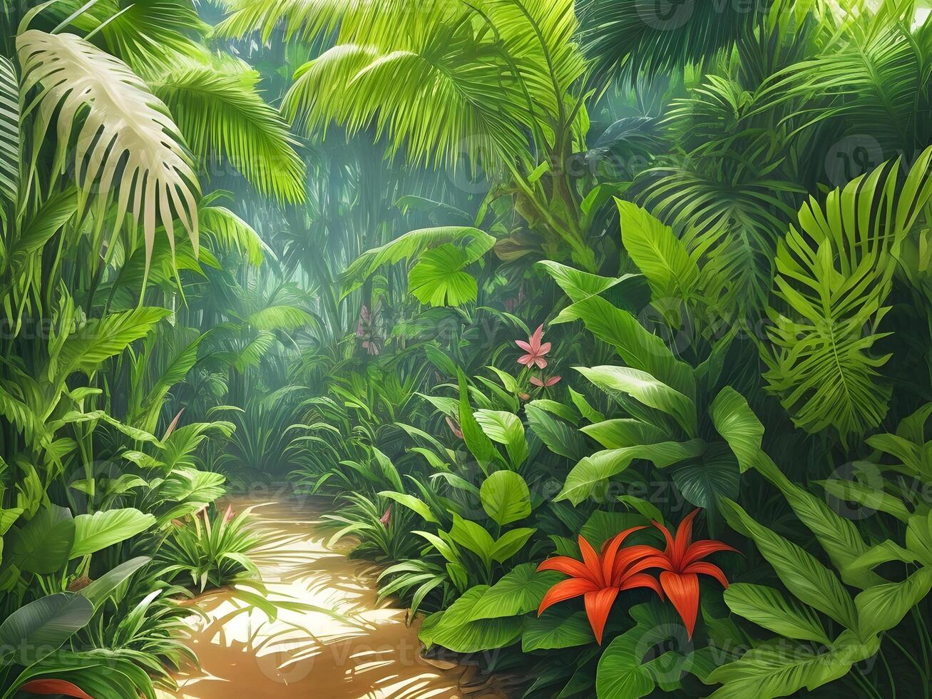 Jungle on a sunny day Beautiful tropical forest with plants flowers palm trees. Generative ai. photo