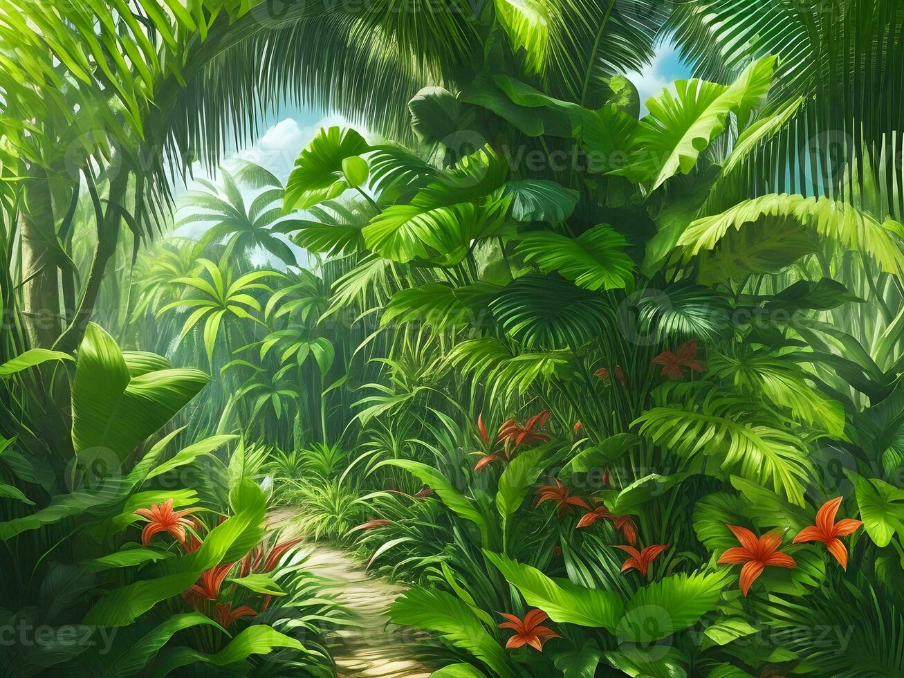Jungle on a sunny day Beautiful tropical forest with plants flowers palm trees. Generative ai. photo