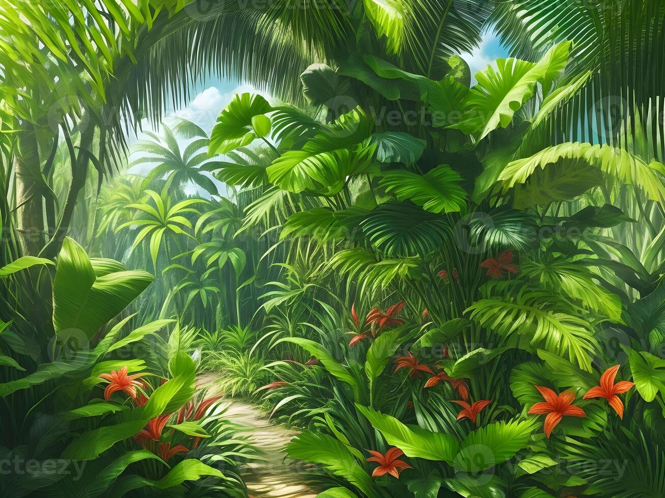 Jungle on a sunny day Beautiful tropical forest with plants flowers palm trees. . photo