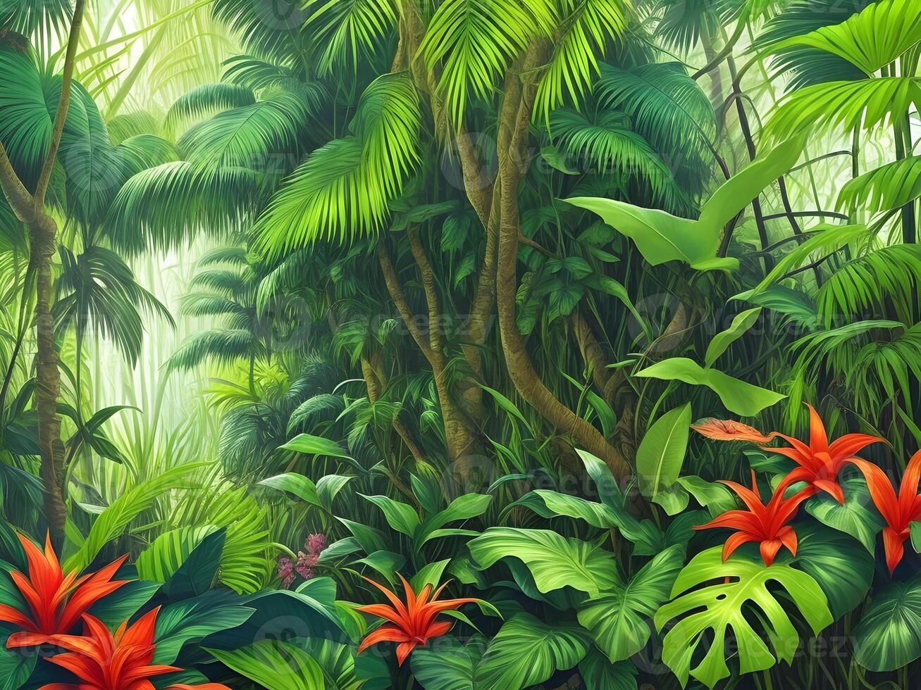 Jungle on a sunny day Beautiful tropical forest with plants flowers palm trees. . photo