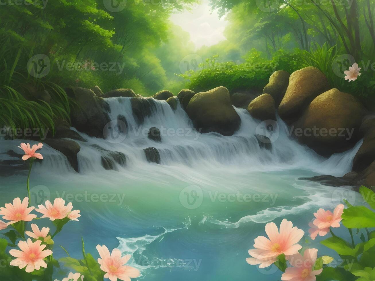 Waterfall in the natural green jungle. . photo