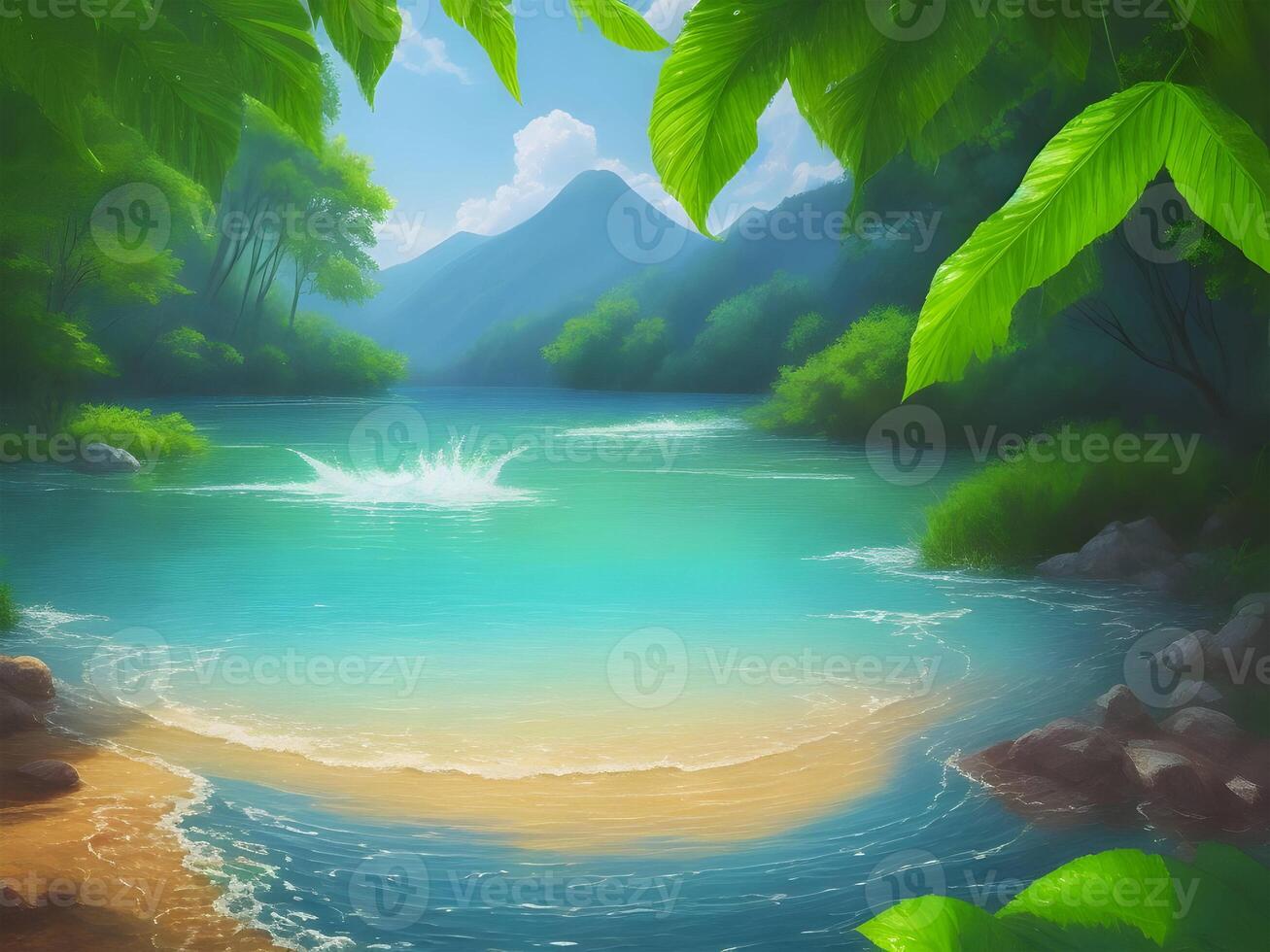 Waterfall in the natural green jungle. . photo