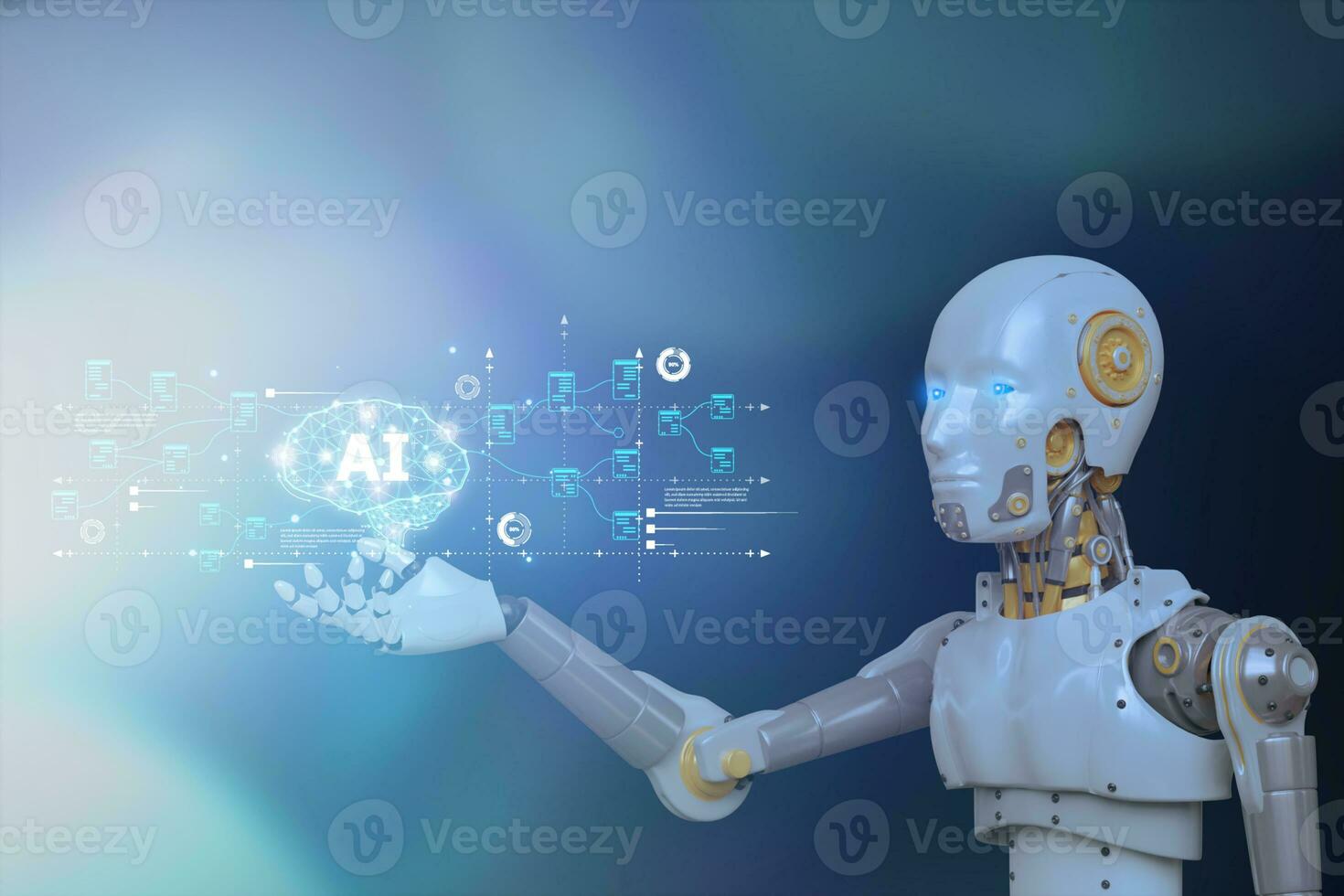 Hand of robot holding modern interface and AI brain Artificial intelligence, Connection technology and new era of innovation, Machine learning, AI, Technology and science. photo