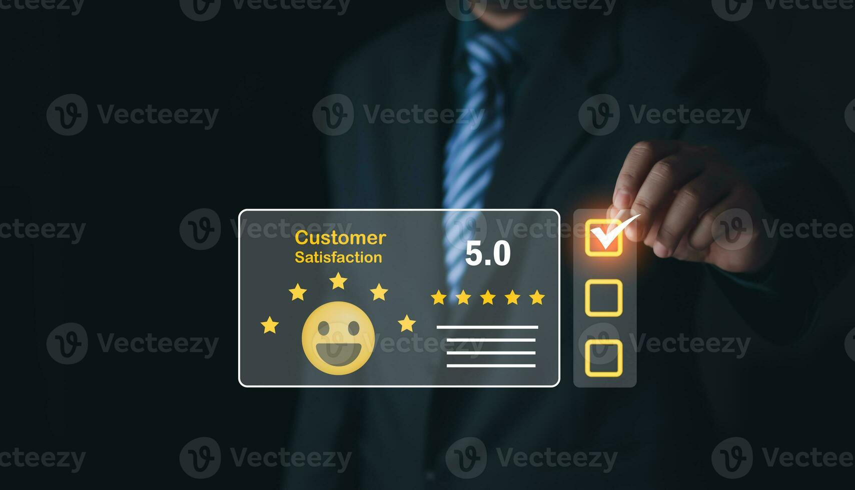 User gives rating to service experience on online application, Customer review satisfaction feedback survey concept, Customer can evaluate quality of service leading to reputation ranking of business. photo