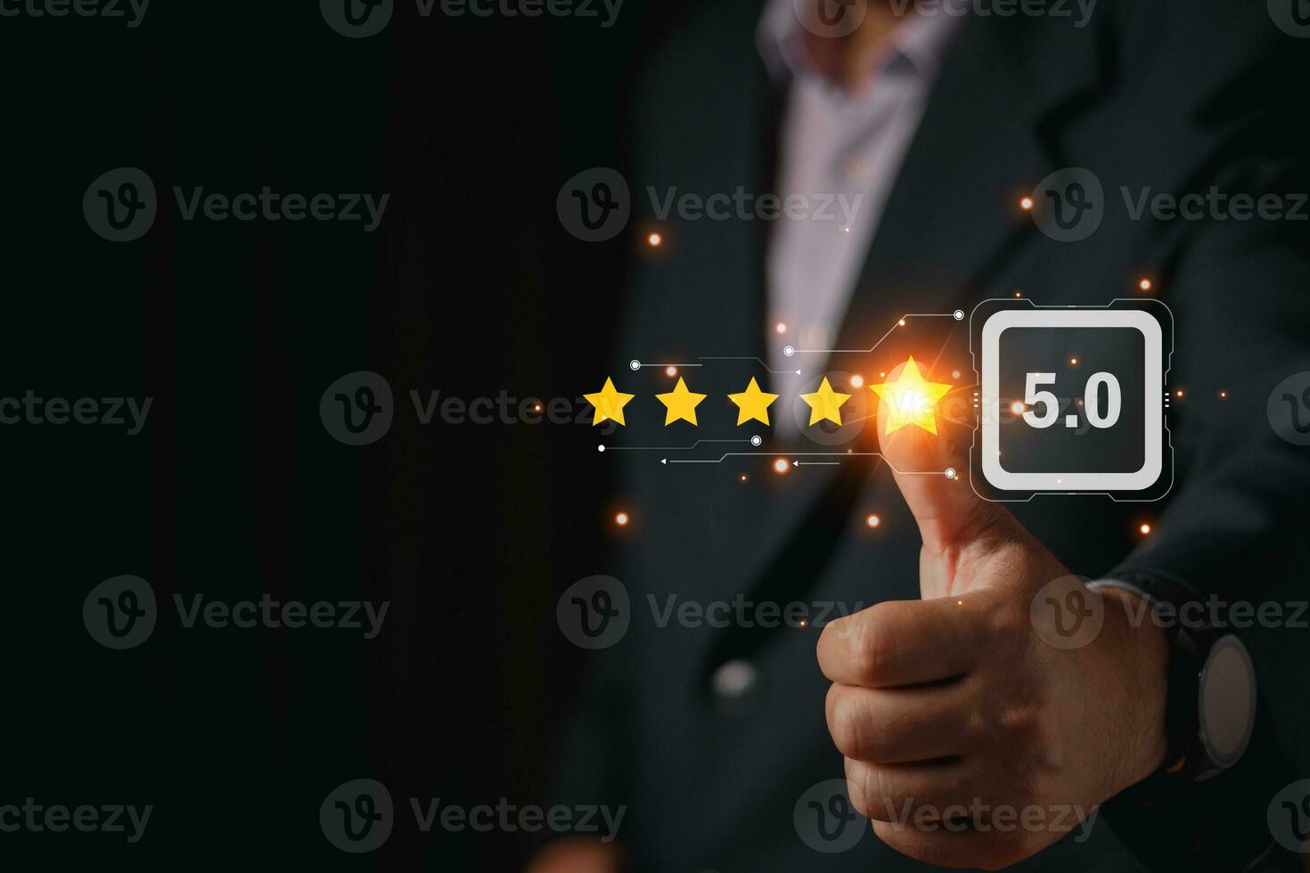 close up businessman hand touching on five star icon and happy smile face for feedback review satisfaction service, Customer service experience and business satisfaction survey. photo