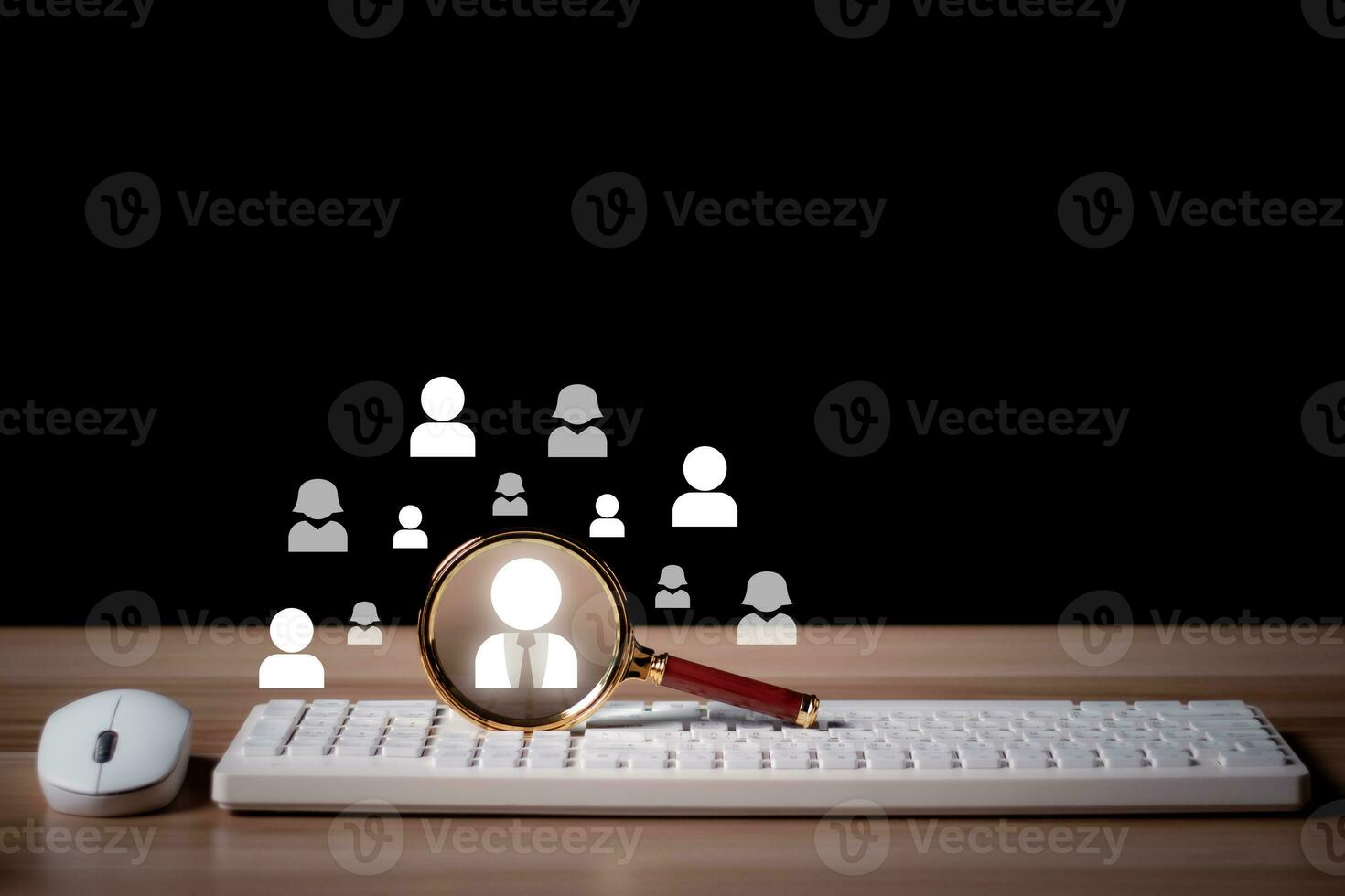 Data search technology concept, magnifying glass on laptop computer keyboard, Human Resources HR management Recruitment Employment Headhunting Concept. photo