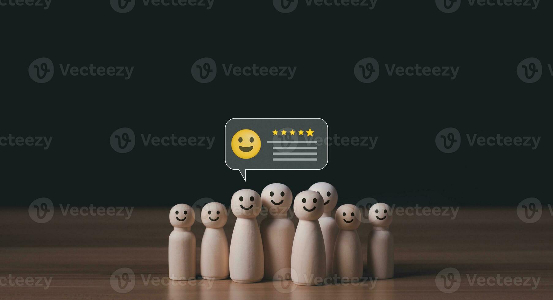 Customer service And satisfaction survey results give a 5-star rating and a smiley face. Customer feedback is very good.Wooden doll with icons showing emotions and scores. photo