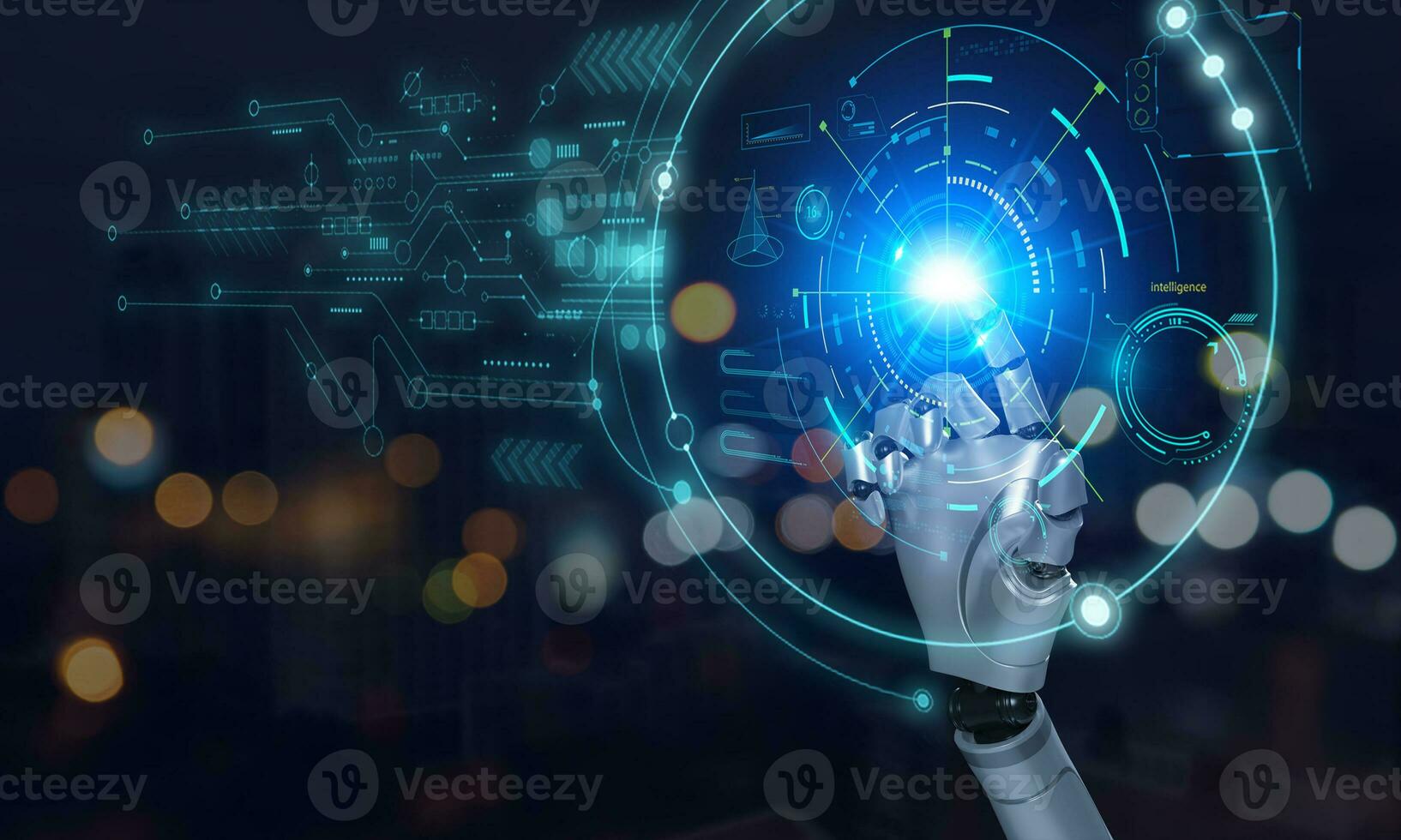 Hand humanoid robot presses the button on the digital screen. Robot cybernetic organism works with a virtual HUD interface in augmented reality. Future concept. photo