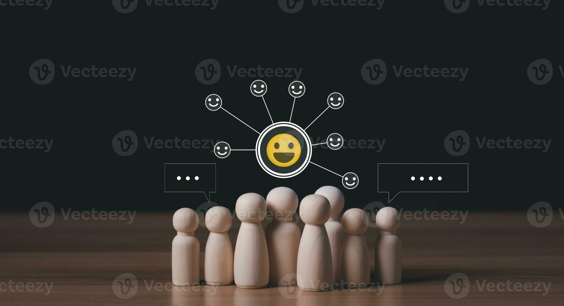 Customer service And satisfaction survey results give a 5-star rating and a smiley face. Customer feedback is very good.Wooden doll with icons showing emotions and scores. photo