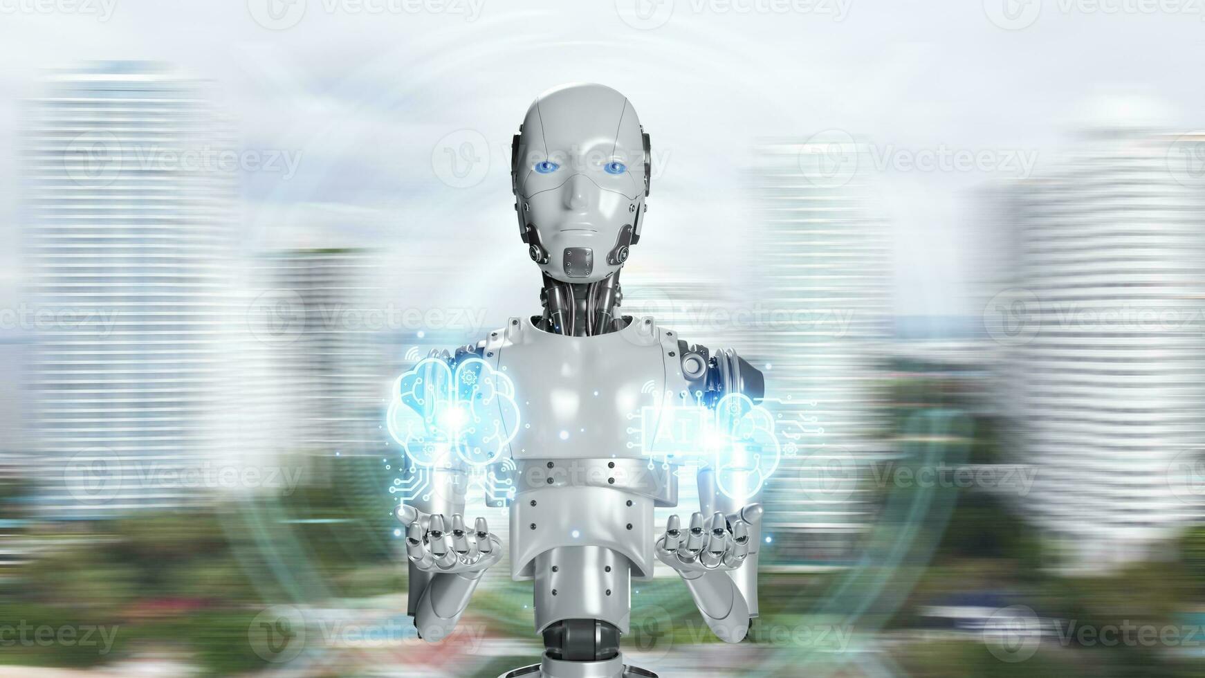 Humanoid robot holding the future intelligent brain image interface on the digital screen. Robot cybernetic organism works with a virtual HUD interface in augmented reality. Future concept. photo