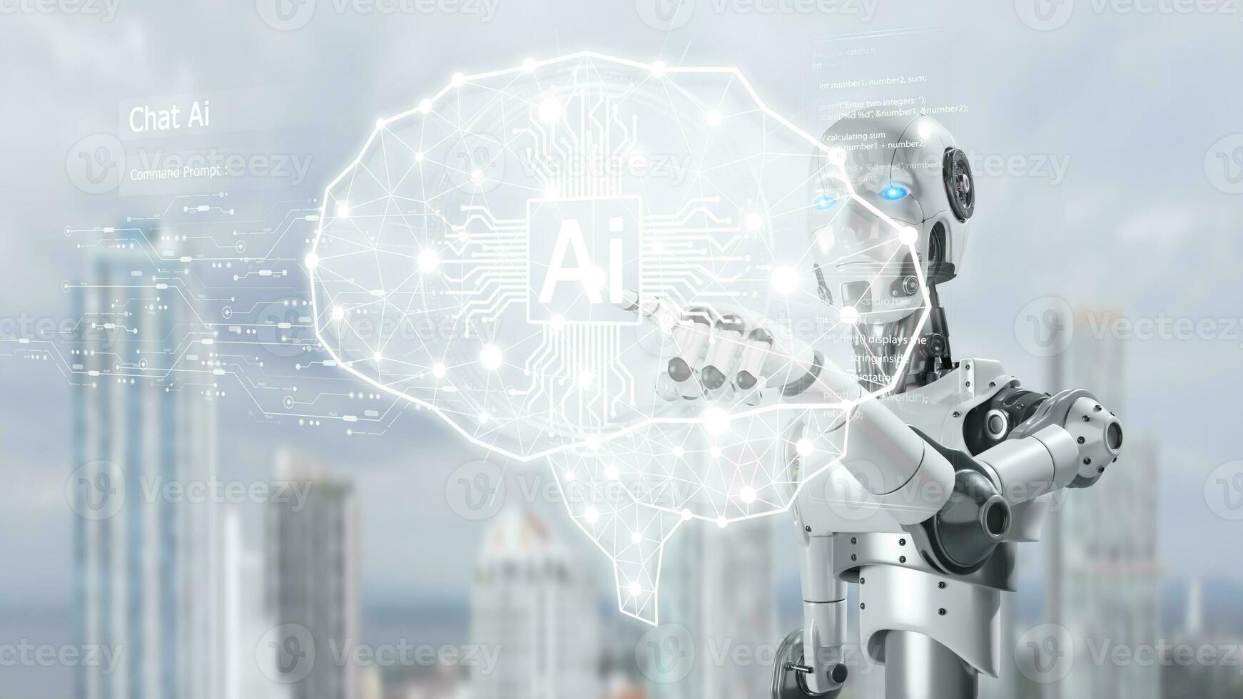 Robot Chat with AI, Artificial Intelligence. Technology smart robot AI Concept, artificial intelligence by enter command prompt for generates something, Futuristic technology transformation. photo