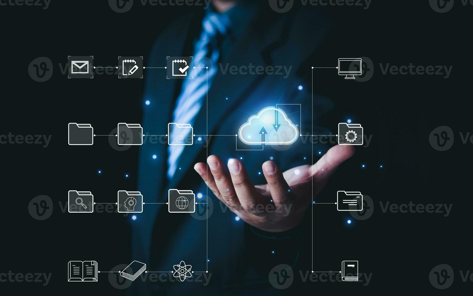 hand holding virtual cloud computing with Global Internet connection. Business global internet connection application technology and access information, database, storage, Digital link tech, big data. photo