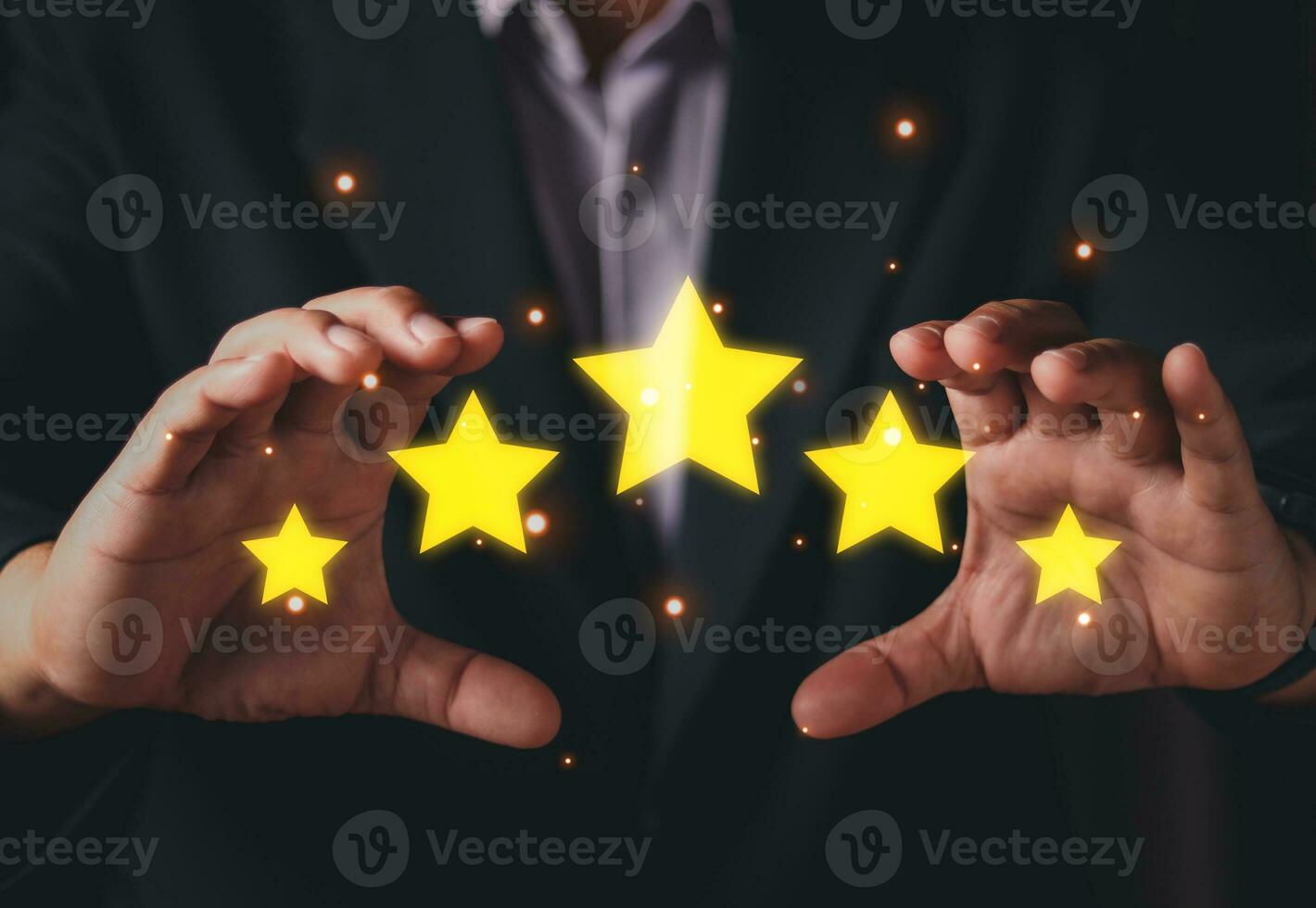 close up businessman hand touching on five star icon and happy smile face for feedback review satisfaction service, Customer service experience and business satisfaction survey. photo