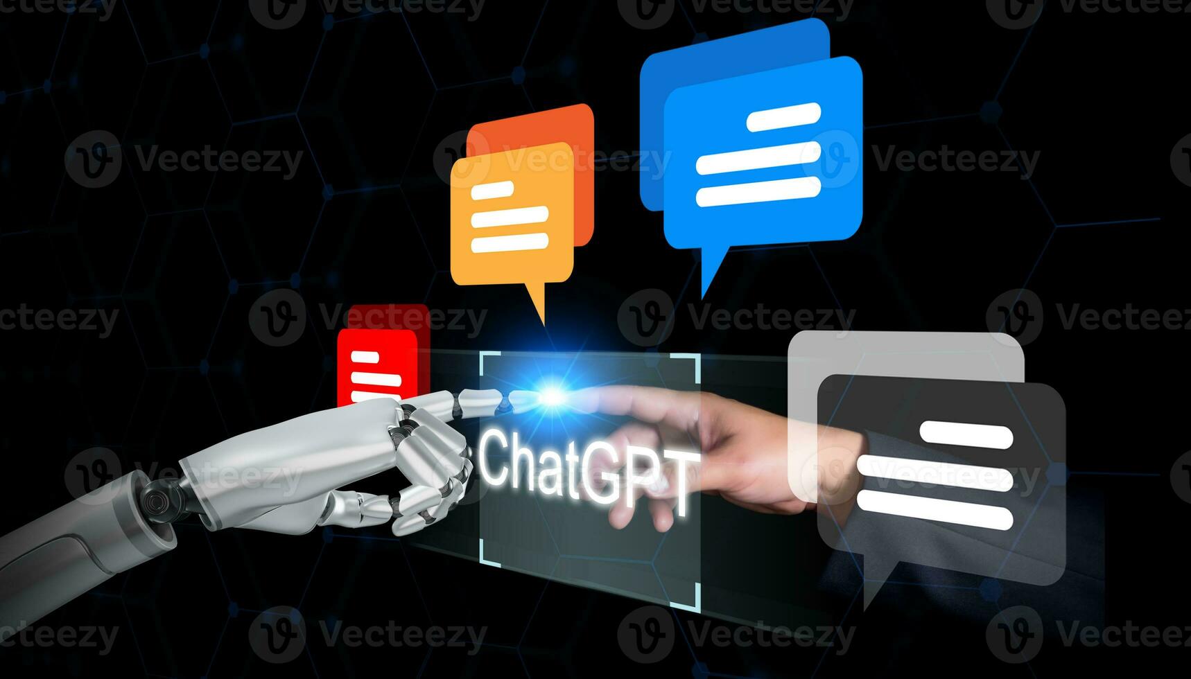 businessman Chat with AI, Artificial Intelligence. man using technology smart robot AI, artificial intelligence by enter command prompt for generates something, Futuristic technology transformation. photo