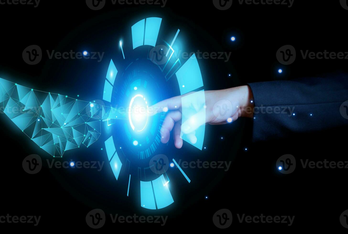 AI, Machine learning, Hands of robot and human touching on big data network connection background, Science and artificial intelligence technology, innovation and futuristic. photo
