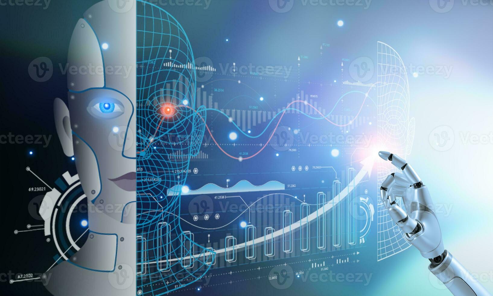 AI Technology. Robot hand touch brain working data and Algorithm of Artificial Intelligence in the future business and coding software development synchronize network connection, Data science. photo