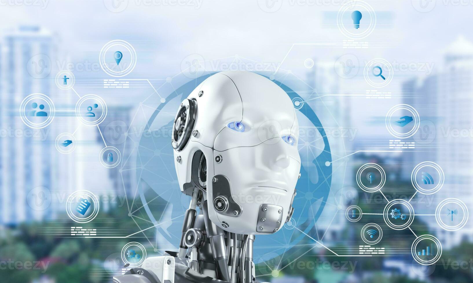 Robot or cyborg  with AI, Artificial intelligence controls smart city via internet and hud interface with icons urban infrastructure. iot technology in information and communication technologies. photo